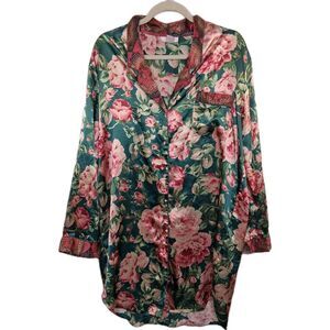 Amelia's Satin Nightdress Floral Button Front Long Sleeve  Size L Sleepwear